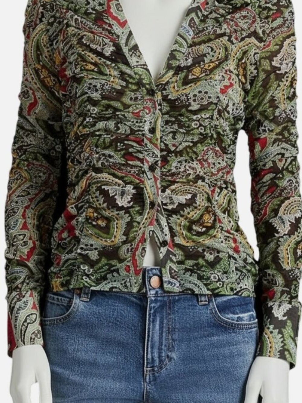 Alice + Olivia Women's Green Portia Paisley Ruched Mesh Top Size XS